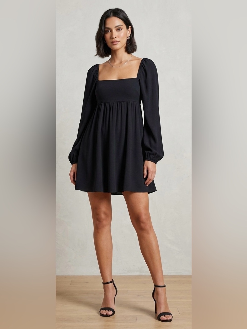 Jackson Rowe Square Neck Long Sleeve Babydoll Dress Black XS
